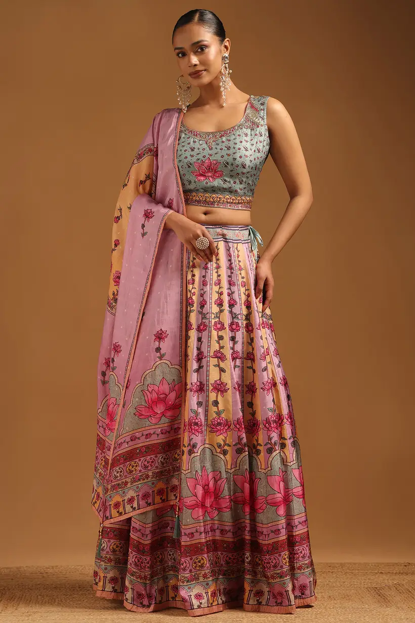Multicolour Russian Silk Floral Lehenga With Cutwork and Stonework
